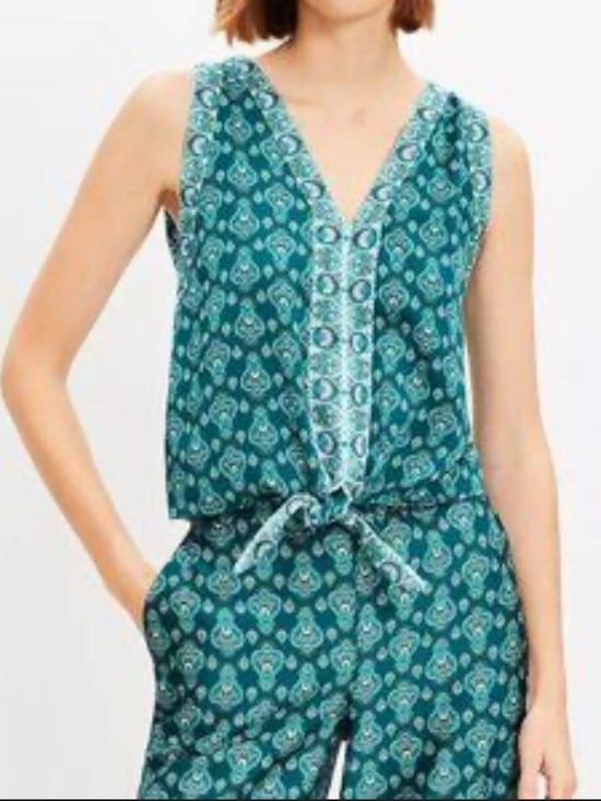 LOFT Tops - Loft Green Blue Paisley Floral Border Print Sleeveless Tie Waist Blouse Sz S NWT